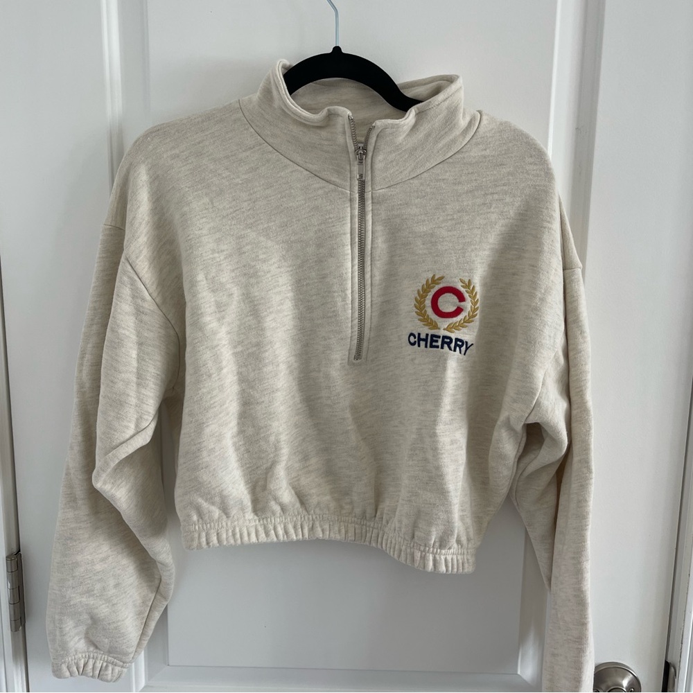 Cherry LA Cream Cropped Quarter-Zip Sweatshirt